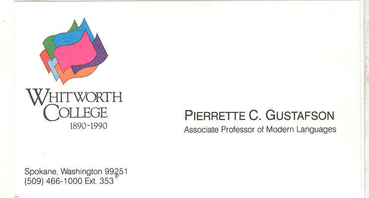 1990 Spokane Whitworth business card for pierrette